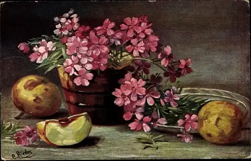 Künstler Ak Rieder, C., Blumen im Eimer, Apfel, Früchte