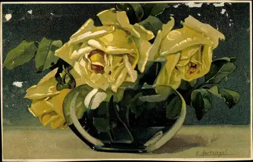 Künstler Ak Reckziegel, F., Gelbe Rosen in der Blumenvase