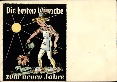 Ak Glückwunsch Neujahr, Junge gießt Blumen, Sonne, Gießkanne, Gärtner
