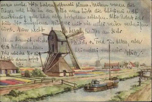 Ak Windmühle, Flusspartie, Boot, Blumenfelder