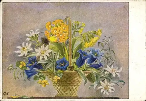 Künstler Ak Ritter, M., Blumenstrauß im Korb, Edelweiß