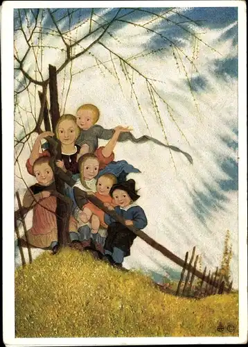 Künstler Ak Kinder-Portraits, Gruppenbild, Baum, Zaun