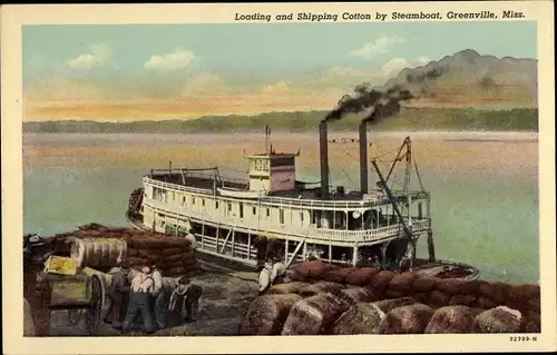 Ak Greenville Mississippi USA, Verladung und Versand von Baumwolle per Steamboat