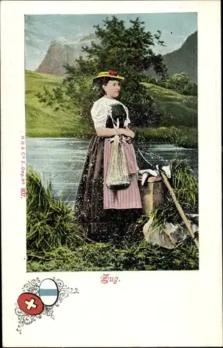 Ak Kanton Zug, Frau in schweizerischer Volkstracht, Wappen, Fluss, Wäschekorb