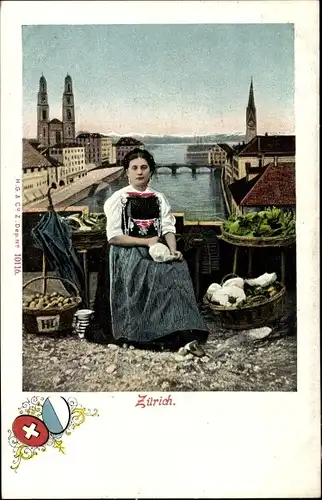 Ak Zürich Stadt Schweiz, Frau in schweizerischer Tracht, Brücke