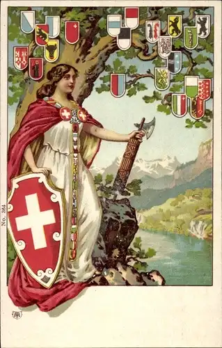 Wappen Litho Schweiz, Helvetia, Axt, Patriotik, Kantonswappen
