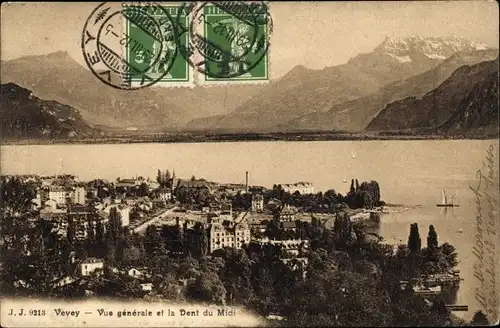 Ak Vevey Kanton Waadt, Gesamtansicht und die Dent du Midi