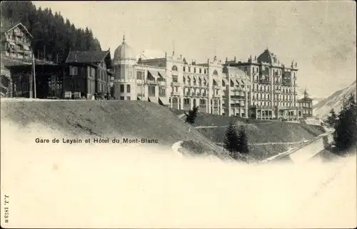 Ak Leysin Kanton Waadt, Bahnhof und Hotel du Mont Blanc