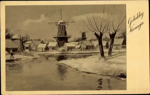 Ak Glückwunsch Neujahr, Niederländische Windmühle, Fluss, Wohnhäuser