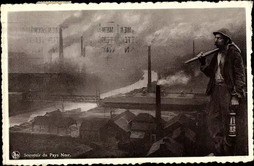 Ak Zeche, Bergmann, Spitzhacke, Handlaterne, Schornsteine