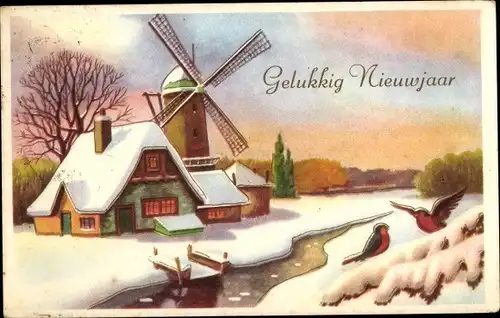 Ak Glückwunsch Neujahr, Niederländische Windmühle, Winterszene, Wohnhaus, Vögel