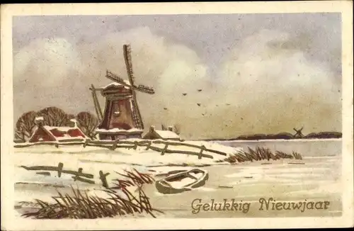 Ak Glückwunsch Neujahr, Niederländische Windmühle, Winterszene, Ruderboot