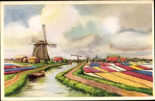 Ak Windmühle, Blumenfeld, Fluss, Brücke