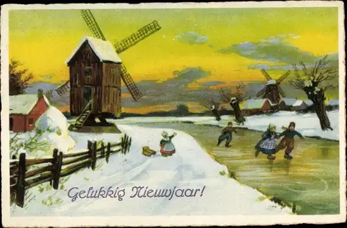 Ak Glückwunsch Neujahr, Niederländische Windmühle, Kinder laufen Schlittschuh