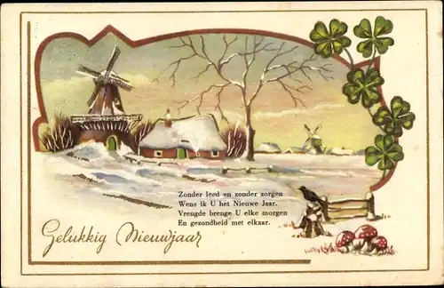 Ak Glückwunsch Neujahr, Niederländische Windmühle, Glücksklee, Pilze