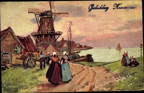 Künstler Ak Glückwunsch Neujahr, Windmühle, Menschen in niederländischen Trachten