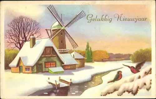 Ak Glückwunsch Neujahr, Windmühle, Fluss, Winterszene, Vögel