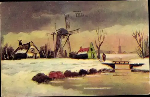 Ak Windmühle, Fluss, Brücke, Wohnhäuser