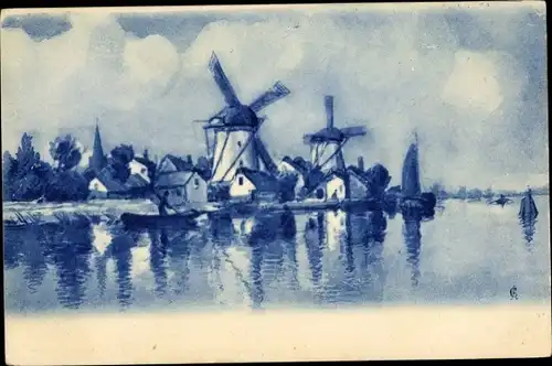 Künstler Ak Dorfansicht, Windmühlen, Ruderboot, Fluss