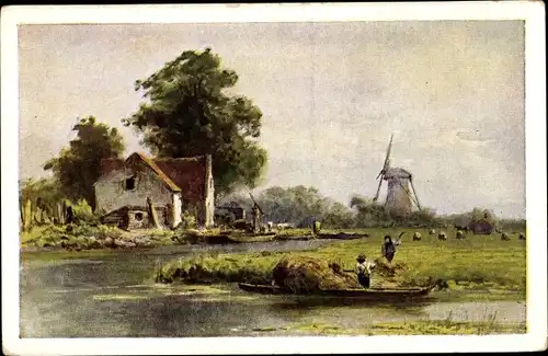 Ak Dorfansicht, Windmühle, Fluss, Ruderboot, Wohnhaus