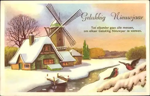 Ak Glückwunsch Neujahr, Windmühle, Winterszene, Fluss, Vögel