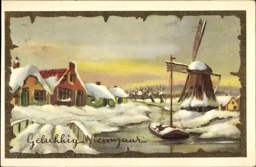 Ak Glückwunsch Neujahr, Windmühle, Winterszene, Fluss, Ruderboot