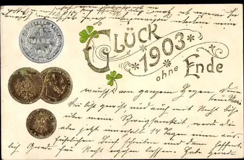Präge Ak Glückwunsch Neujahr 1903, Münzen, Glücksklee