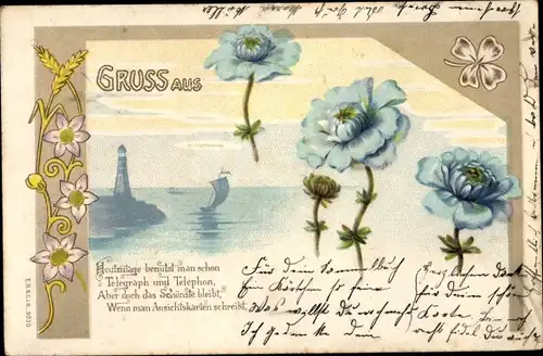 Litho Blaue Blumen, Glücksklee, Leuchtturm, Heutzutage benutzt man schon...