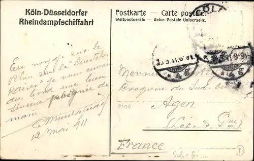 Ak Köln-Düsseldorfer Rheindampfschifffahrt, Salondampfer, Stadtansicht