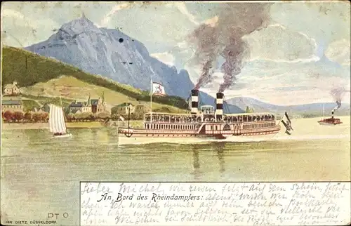 Künstler Litho Dampfer auf dem Rhein, Segelboot