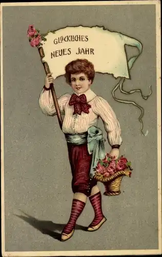 Ak Glückwunsch Neujahr, Kind mit Fahne, Blumenkorb