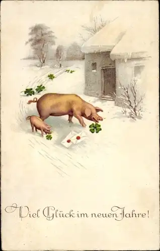 Ak Glückwunsch Neujahr, Schweine, Glücksklee