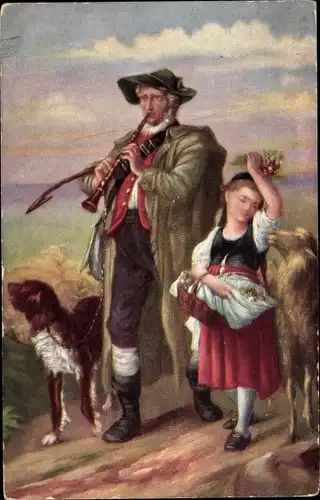 Künstler Ak Grünwald, J., Schäfers Heimkehr, Flöte, Schafherde, Hütehund, Mädchen