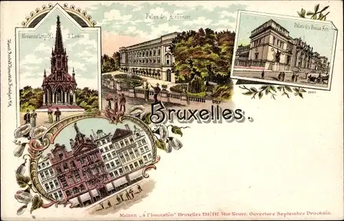 Litho Bruxelles Brüssel, Palais des Academies, Monument Leopold I, Palais des Beaux Arts