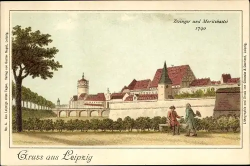 Litho Leipzig in Sachsen, Zwinger und Moritzbastei um 1790