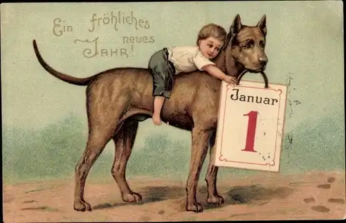 Präge Ak Glückwunsch Neujahr, Junge auf Hund reitend, Kalender