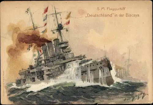 Künstler Ak Bohrdt, Hans, Deutsches Kriegsschiff, SMS Deutschland, Flaggschiff in der Biscaya