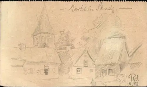 Handgemalt Künstler Ak Markt in Skudy, Häuser, Turm