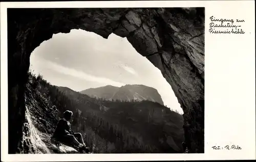 Ak Obertraun Oberösterreich, Unterstandshütte Schönbergalpe, Dachstein Riesenhöhle, Eingang