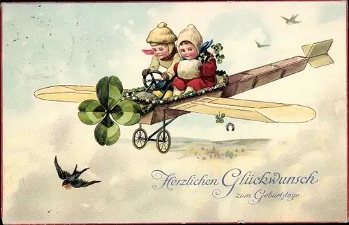 Ak Glückwunsch Geburtstag, Kinder im Flugzeug, Kleeblatt, Schwalbe