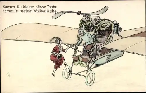 Künstler Ak Liebespaar, Pilot und Frau, Flugzeug, Komm Du kleine süße Taube...