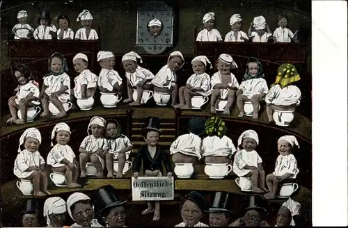 Ak Öffentliche Sitzung, kleine Kinder, Nachttöpfe, Fotomontage
