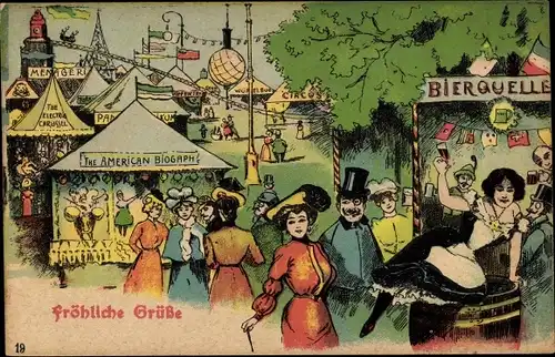 Ak Vergnügungspark, Fest, Feiernde Menschen, Bierquelle, Karussell