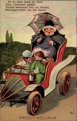 Präge Ak Glückwunsch Neujahr, Liebespaar, Automobil, Schwiegermutter