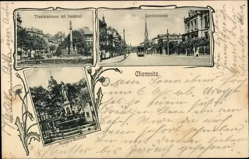 Ak Chemnitz Sachsen, Carolastraße, Theaterstraße, Denkmal, Saxonia Brunnen