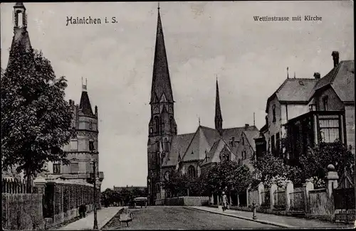 Ak Hainichen Sachsen, Wettinstraße mit Kirche