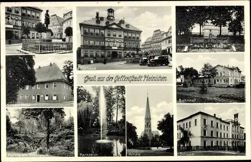 Ak Hainichen in Sachsen, Bahnhof, Rathaus, Keller Denkmal, Gellert Haus, Schule