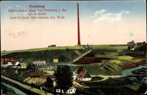 Ak Halsbrücke, Halsbrücker Esse bei Freiberg, Höchster Schornstein der Welt