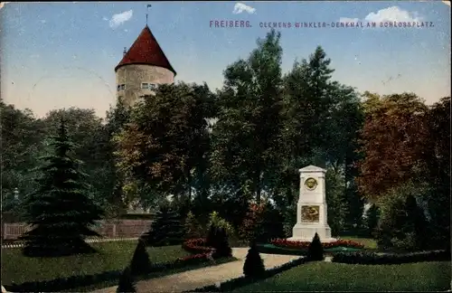 Ak Freiberg in Sachsen, Clemens-Winkler-Denkmal am Schlossplatz