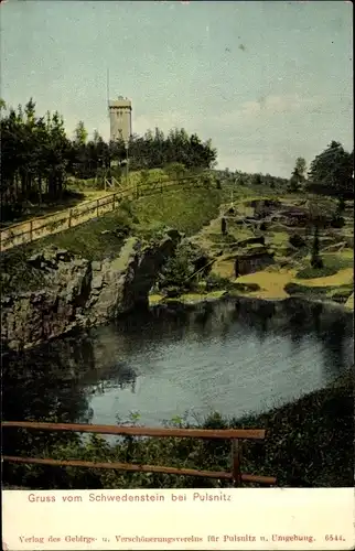 Ak Pulsnitz Oberlausitz, Teichanlage am Schwedenstein, Aussichtsturm